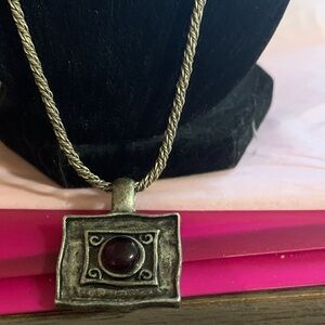 Lia Sophia Silver-Tone Square Pendant Necklace with Deep Red Cabochon